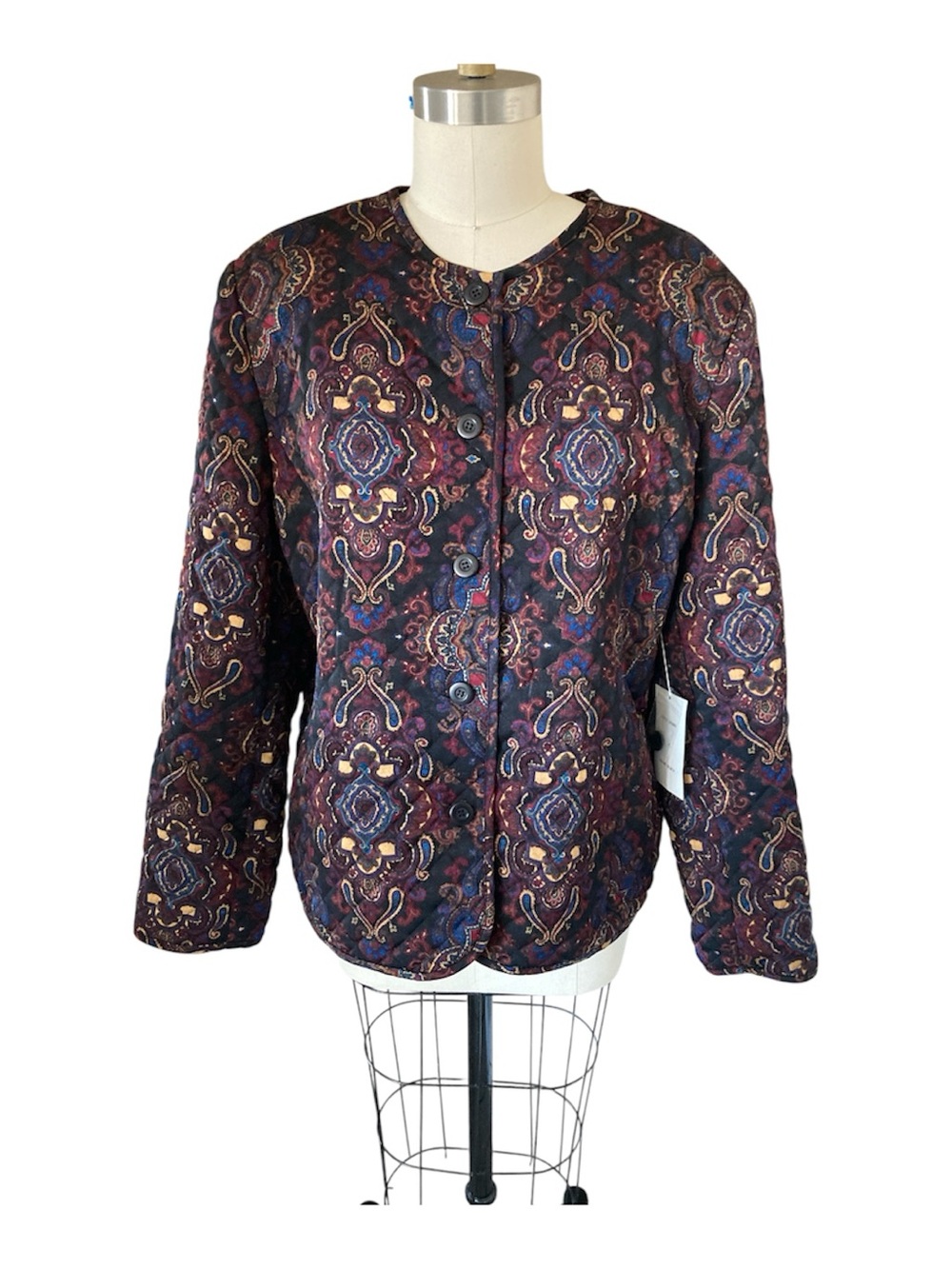 Quilted Patterned Button-Front Jacket - Burgundy Multi